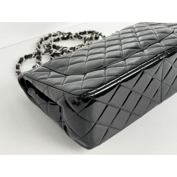 Chanel Patent Quilted Jumbo Single Flap Bag Black with Silver Hardware B-2 - Picture 9 of 16